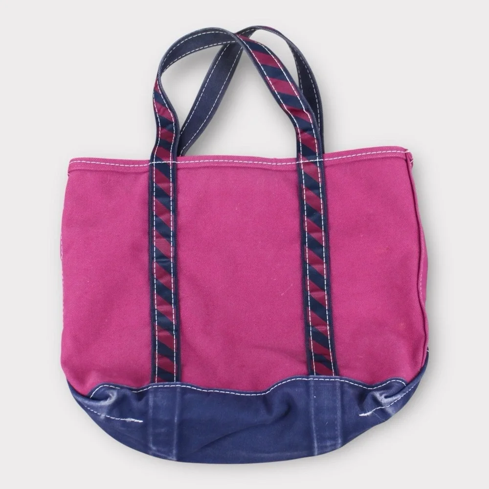 Vintage L.L. Bean Canvas Boat And Tote Bag Pink Blue Medium Zip Top Rare - Picture 3 of 9